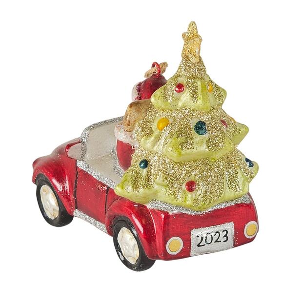 Santa in Red Convertible Car Ornament w/ Christmas Tree 2023 Glitter Holiday - Picture 8 of 14
